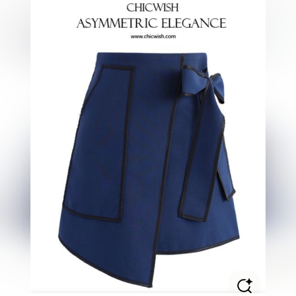 CHICWish Asymmetric Elegance Navy Black Bow Skirt - Picture 2 of 7